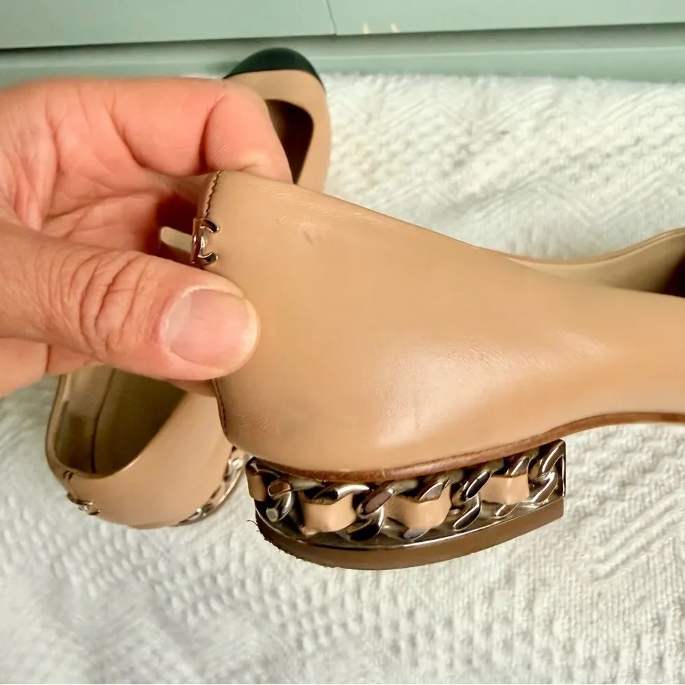 Chanel Beige/Black Leather Cap Toe Chain Ballet Flats Size US 6.5 / EU 37